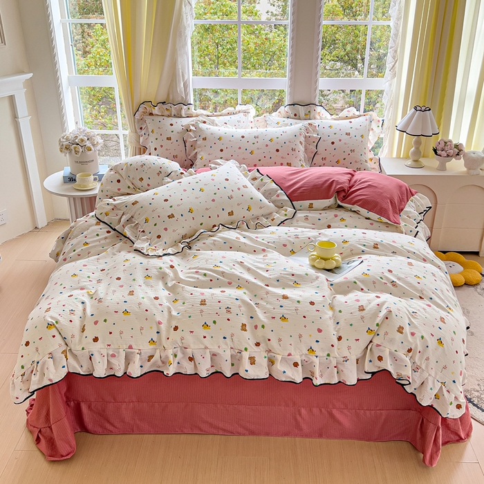 91家纺网 家纺一手货源 找家纺 找底底家纺 2026新款A类泡泡棉双层纱四件套花边夏被四件套 小确幸