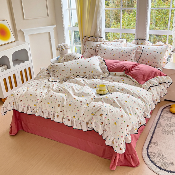 91家纺网 家纺一手货源 找家纺 找底底家纺 2026新款A类泡泡棉双层纱四件套花边夏被四件套 小确幸