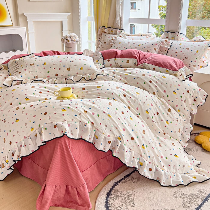 91家纺网 家纺一手货源 找家纺 找底底家纺 2026新款A类泡泡棉双层纱四件套花边夏被四件套 小确幸