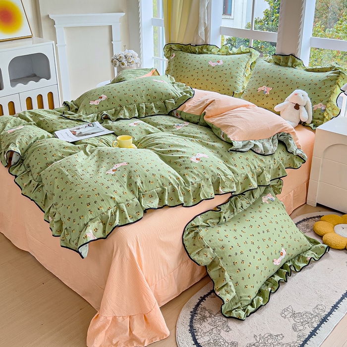 91家纺网 家纺一手货源 找家纺 找底底家纺 2026新款A类泡泡棉双层纱四件套花边夏被四件套 青橘兔