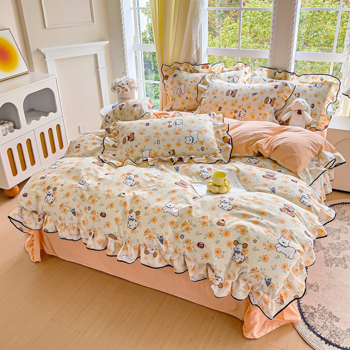 91家纺网 家纺一手货源 找家纺 找底底家纺 2026新款A类泡泡棉双层纱四件套花边夏被四件套 萌宠拾光