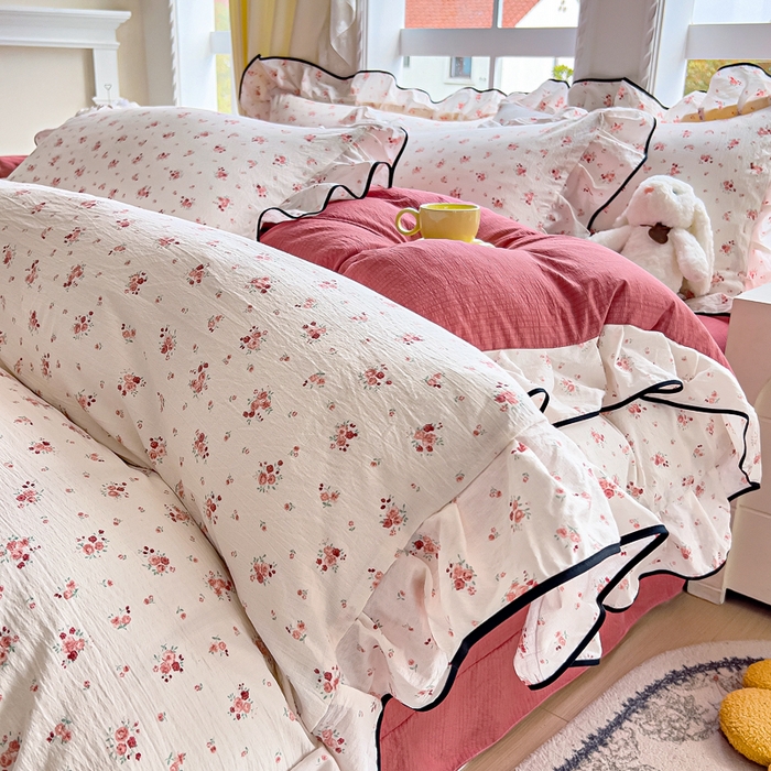 找底底家纺 2026新款A类泡泡棉双层纱四件套花边夏被四件套 春不晚