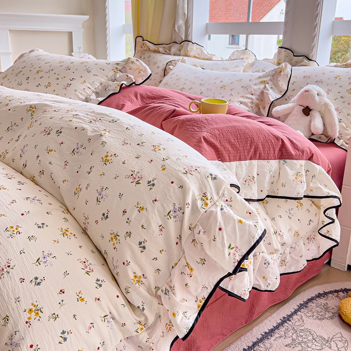 找底底家纺 2026新款A类泡泡棉双层纱四件套花边夏被四件套 花沐