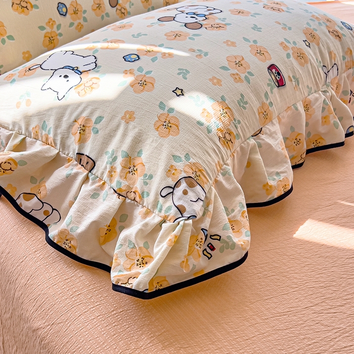 91家纺网 家纺一手货源 找家纺 找底底家纺 2026新款A类泡泡棉双层纱四件套花边夏被四件套 萌宠拾光