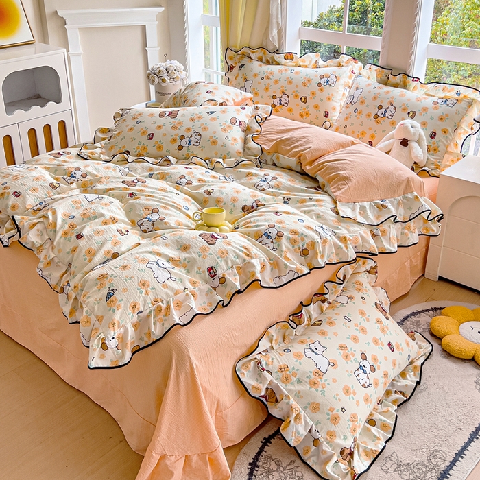 91家纺网 家纺一手货源 找家纺 找底底家纺 2026新款A类泡泡棉双层纱四件套花边夏被四件套 萌宠拾光