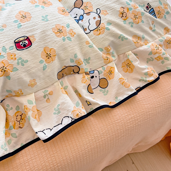 91家纺网 家纺一手货源 找家纺 找底底家纺 2026新款A类泡泡棉双层纱四件套花边夏被四件套 萌宠拾光