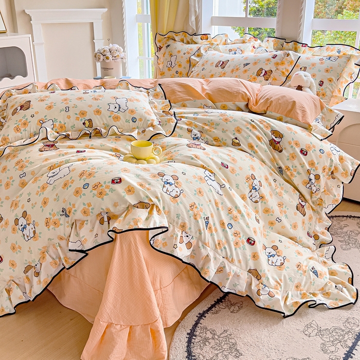 91家纺网 家纺一手货源 找家纺 找底底家纺 2026新款A类泡泡棉双层纱四件套花边夏被四件套 萌宠拾光