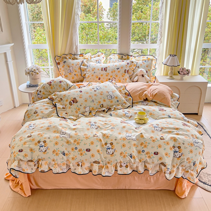 91家纺网 家纺一手货源 找家纺 找底底家纺 2026新款A类泡泡棉双层纱四件套花边夏被四件套 萌宠拾光