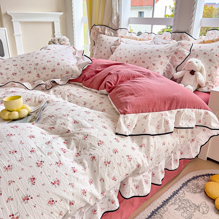 91家纺网 家纺一手货源 找家纺 找底底家纺 2026新款A类泡泡棉双层纱四件套花边夏被四件套 春不晚