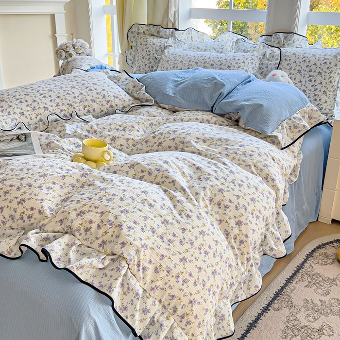 91家纺网 家纺一手货源 找家纺 找底底家纺 2026新款A类泡泡棉双层纱四件套花边夏被四件套 紫蕊奶芙