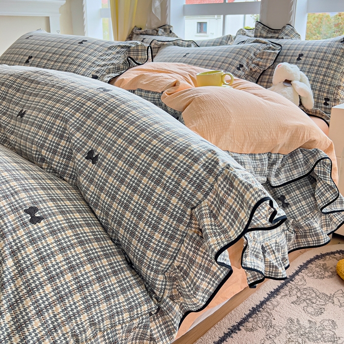 找底底家纺 2026新款A类泡泡棉双层纱四件套花边夏被四件套 遇见-格桔