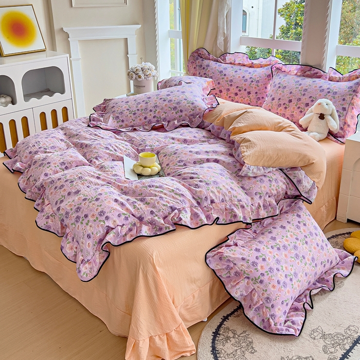 91家纺网 家纺一手货源 找家纺 找底底家纺 2026新款A类泡泡棉双层纱四件套花边夏被四件套 小若欢