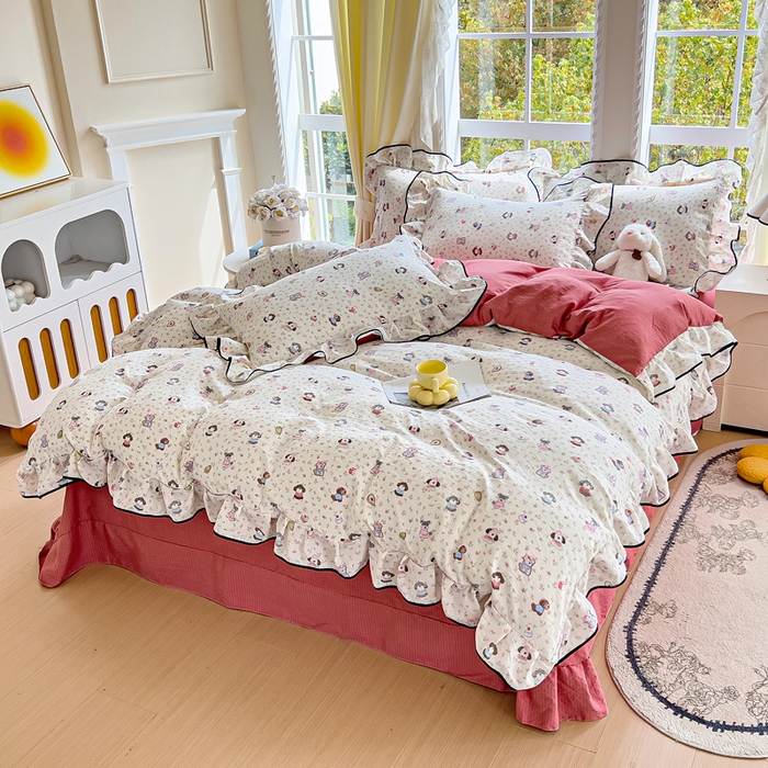 91家纺网 家纺一手货源 找家纺 找底底家纺 2026新款A类泡泡棉双层纱四件套花边夏被四件套 西高地