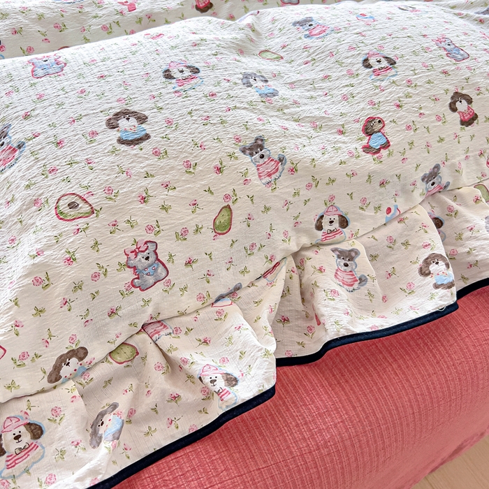 91家纺网 家纺一手货源 找家纺 找底底家纺 2026新款A类泡泡棉双层纱四件套花边夏被四件套 西高地