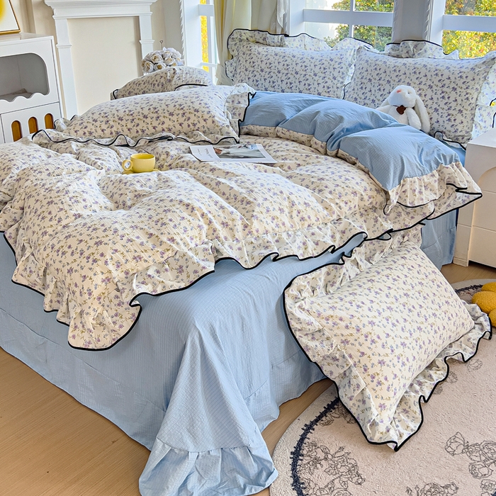 91家纺网 家纺一手货源 找家纺 找底底家纺 2026新款A类泡泡棉双层纱四件套花边夏被四件套 紫蕊奶芙