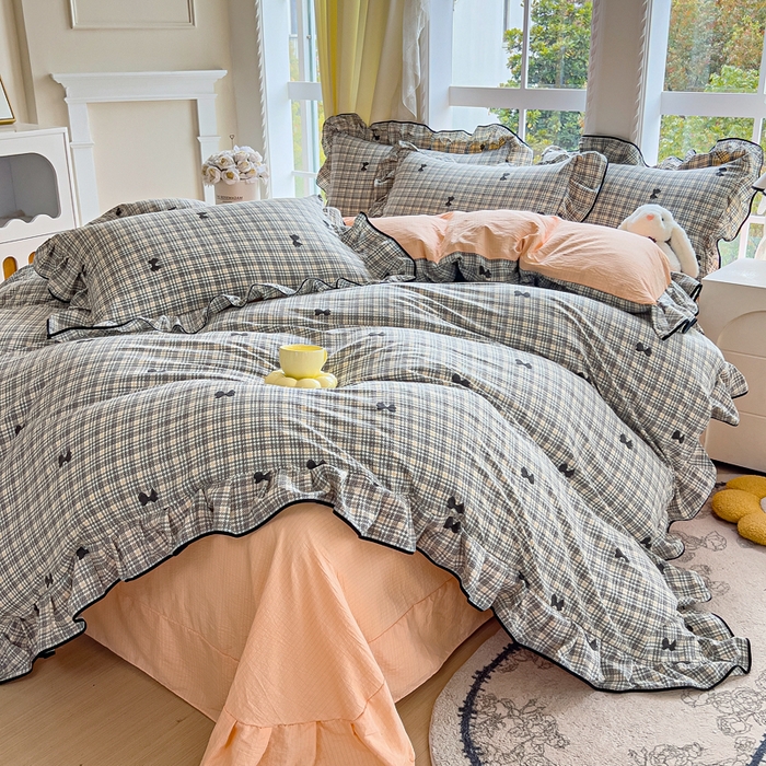 91家纺网 家纺一手货源 找家纺 找底底家纺 2026新款A类泡泡棉双层纱四件套花边夏被四件套 遇见-格桔