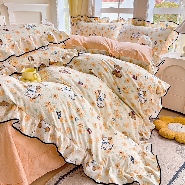 91家纺网 家纺一手货源 找家纺 找底底家纺 2026新款A类泡泡棉双层纱四件套花边夏被四件套 萌宠拾光