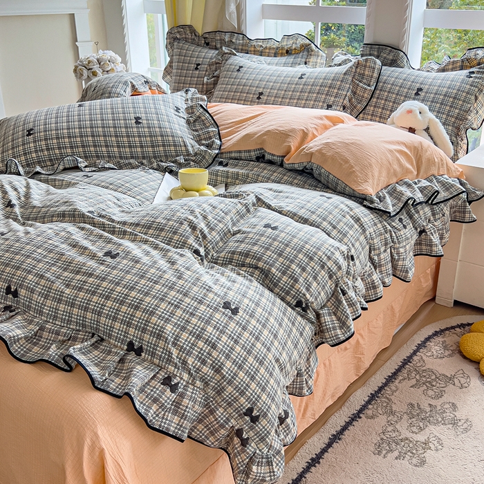 91家纺网 家纺一手货源 找家纺 找底底家纺 2026新款A类泡泡棉双层纱四件套花边夏被四件套 遇见-格桔