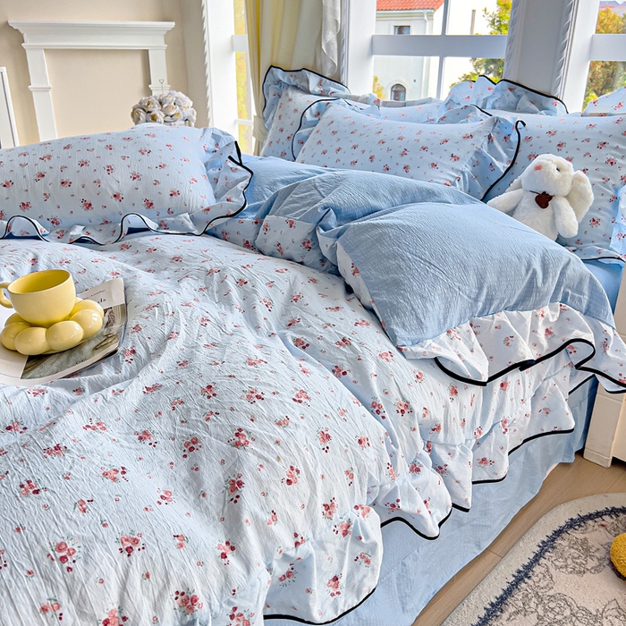 91家纺网 家纺一手货源 找家纺 找底底家纺 2026新款A类泡泡棉双层纱四件套花边夏被四件套 兰蔻