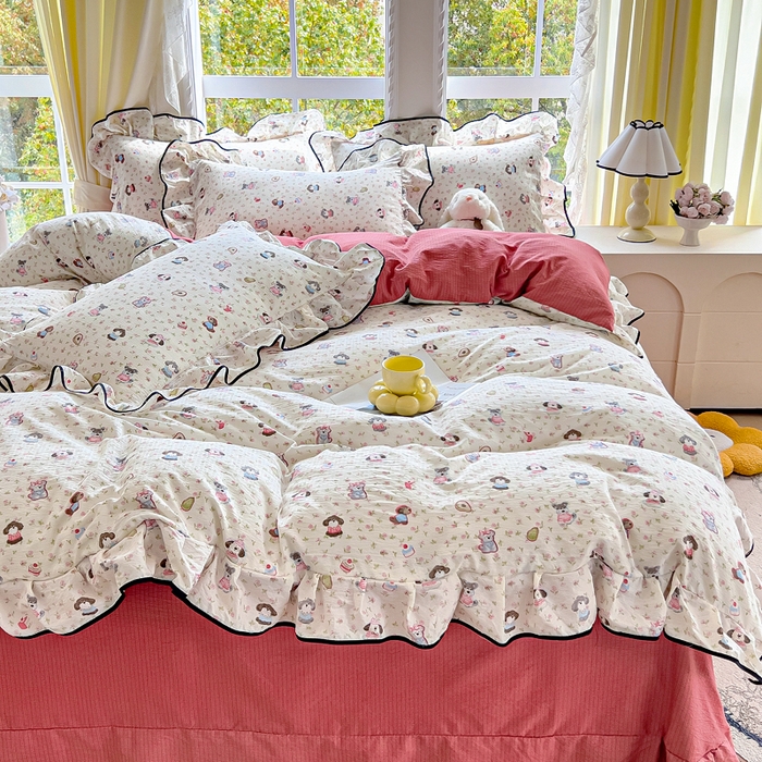 91家纺网 家纺一手货源 找家纺 找底底家纺 2026新款A类泡泡棉双层纱四件套花边夏被四件套 西高地