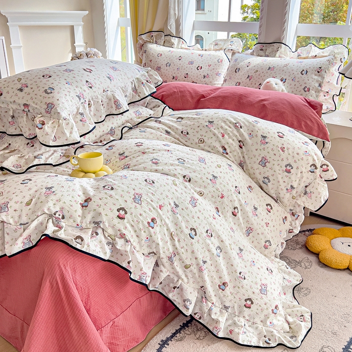 91家纺网 家纺一手货源 找家纺 找底底家纺 2026新款A类泡泡棉双层纱四件套花边夏被四件套 西高地