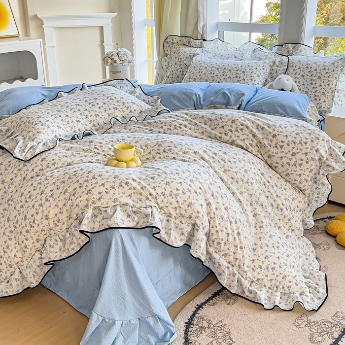 91家纺网 家纺一手货源 找家纺 找底底家纺 2026新款A类泡泡棉双层纱四件套花边夏被四件套 紫蕊奶芙