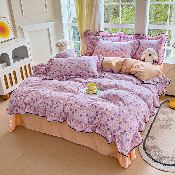 91家纺网 家纺一手货源 找家纺 找底底家纺 2026新款A类泡泡棉双层纱四件套花边夏被四件套 小若欢