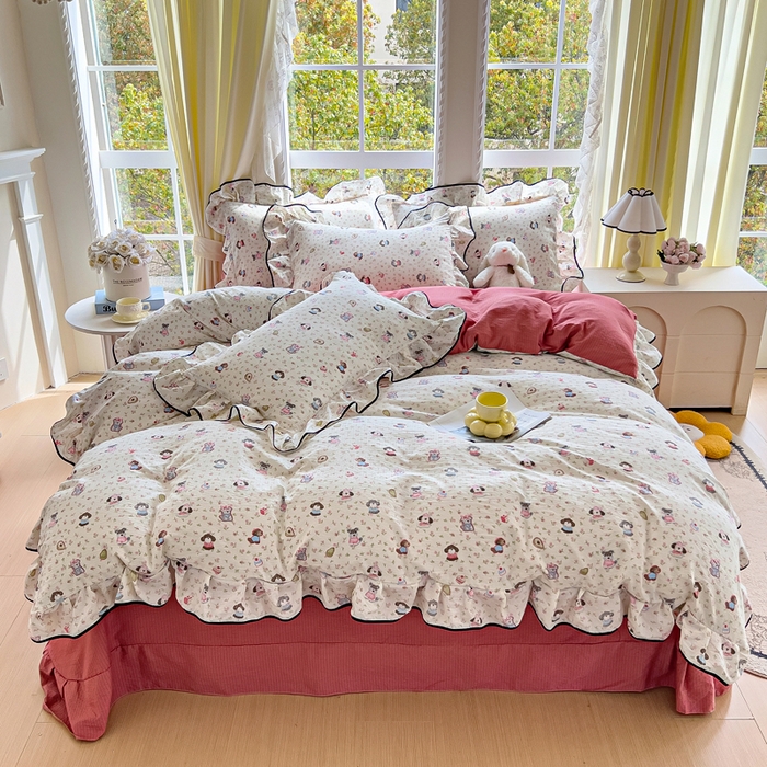 91家纺网 家纺一手货源 找家纺 找底底家纺 2026新款A类泡泡棉双层纱四件套花边夏被四件套 西高地