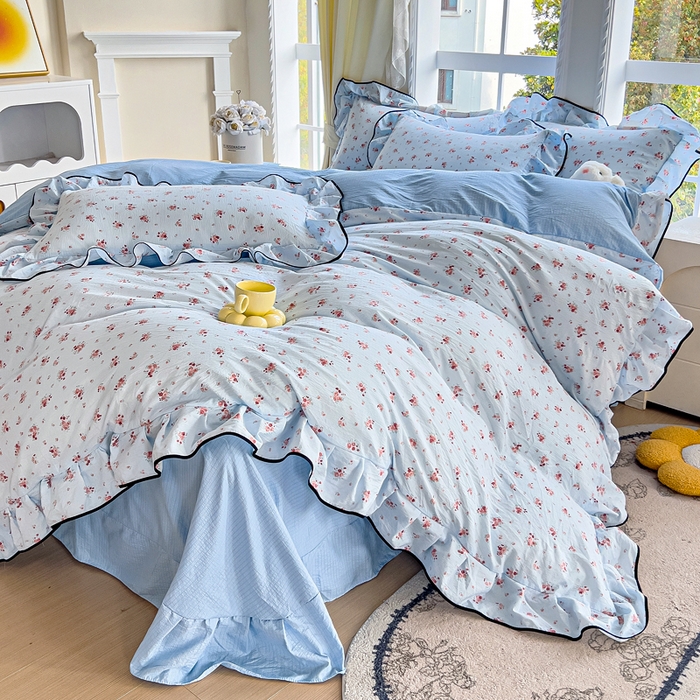 91家纺网 家纺一手货源 找家纺 找底底家纺 2026新款A类泡泡棉双层纱四件套花边夏被四件套 兰蔻