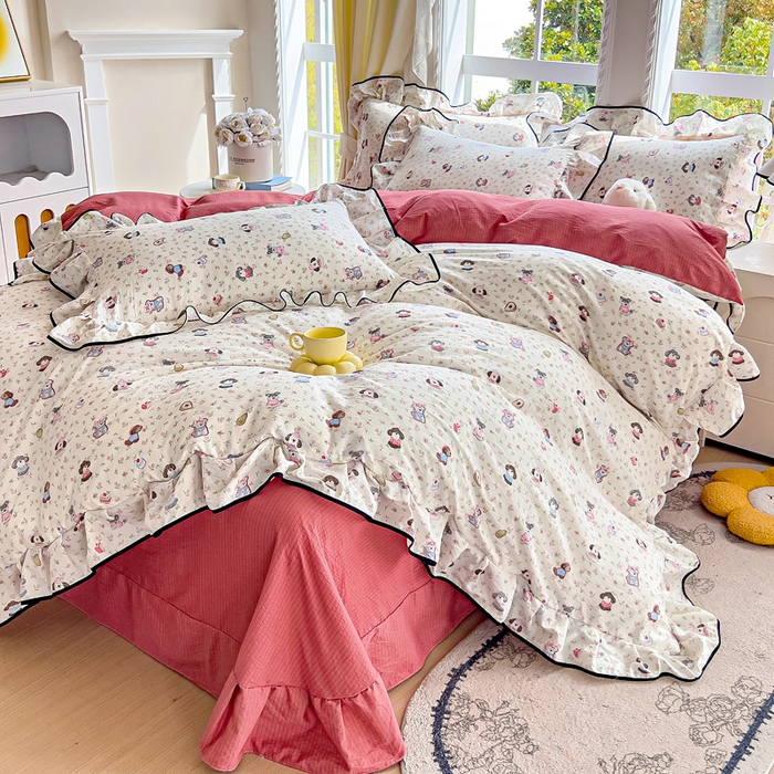 91家纺网 家纺一手货源 找家纺 找底底家纺 2026新款A类泡泡棉双层纱四件套花边夏被四件套 西高地