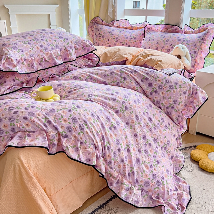 91家纺网 家纺一手货源 找家纺 找底底家纺 2026新款A类泡泡棉双层纱四件套花边夏被四件套 小若欢