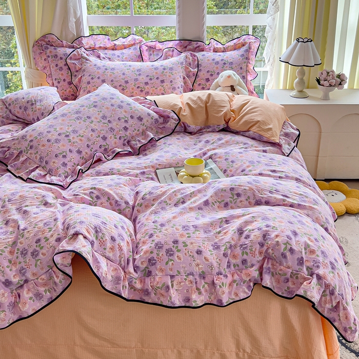 91家纺网 家纺一手货源 找家纺 找底底家纺 2026新款A类泡泡棉双层纱四件套花边夏被四件套 小若欢