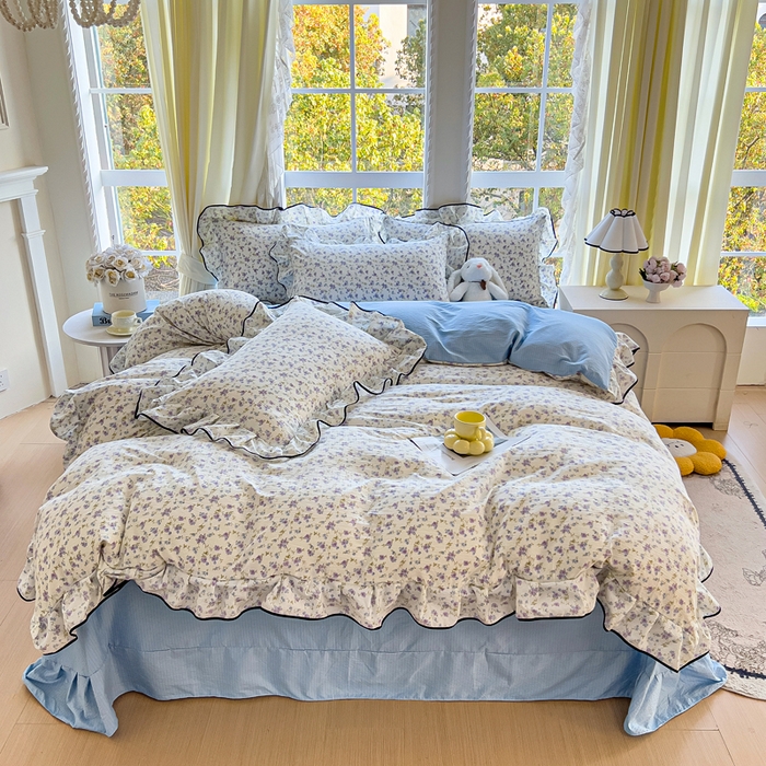 91家纺网 家纺一手货源 找家纺 找底底家纺 2026新款A类泡泡棉双层纱四件套花边夏被四件套 紫蕊奶芙