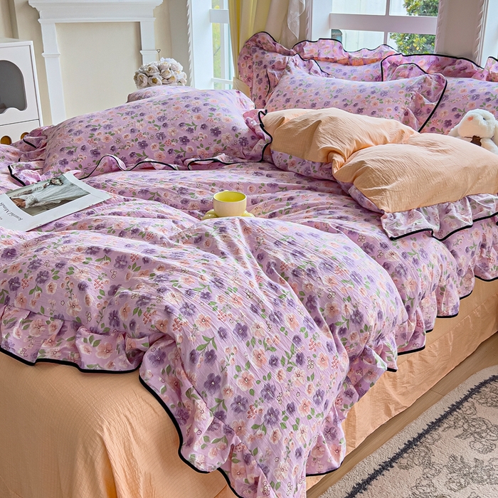 91家纺网 家纺一手货源 找家纺 找底底家纺 2026新款A类泡泡棉双层纱四件套花边夏被四件套 小若欢