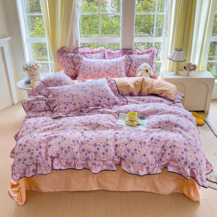 91家纺网 家纺一手货源 找家纺 找底底家纺 2026新款A类泡泡棉双层纱四件套花边夏被四件套 小若欢