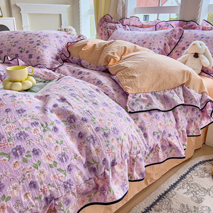 91家纺网 家纺一手货源 找家纺 找底底家纺 2026新款A类泡泡棉双层纱四件套花边夏被四件套 小若欢