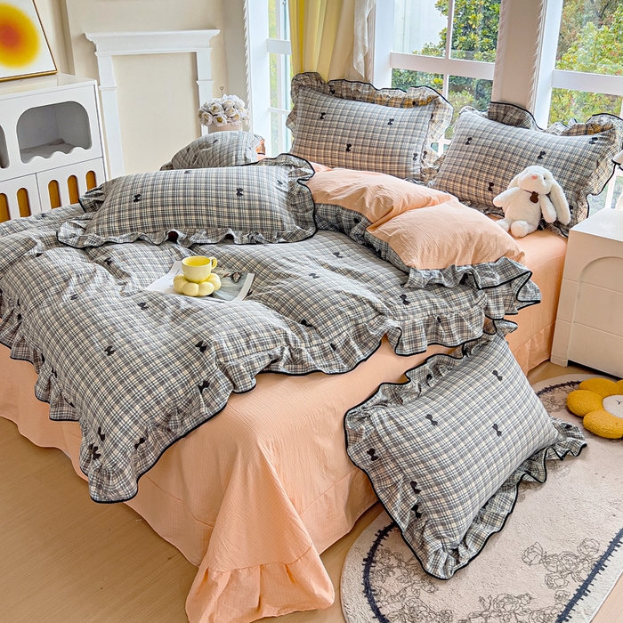 91家纺网 家纺一手货源 找家纺 找底底家纺 2026新款A类泡泡棉双层纱四件套花边夏被四件套 遇见-格桔