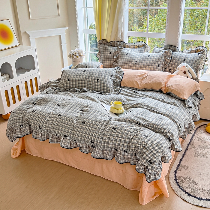 91家纺网 家纺一手货源 找家纺 找底底家纺 2026新款A类泡泡棉双层纱四件套花边夏被四件套 遇见-格桔