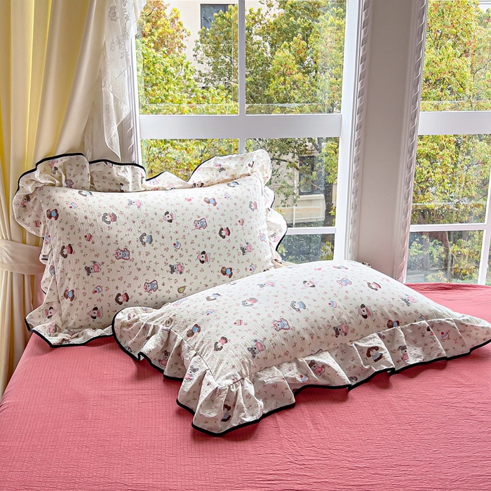 91家纺网 家纺一手货源 找家纺 找底底家纺 2026新款A类泡泡棉双层纱四件套花边夏被四件套 西高地