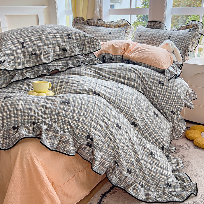 91家纺网 家纺一手货源 找家纺 找底底家纺 2026新款A类泡泡棉双层纱四件套花边夏被四件套 遇见-格桔