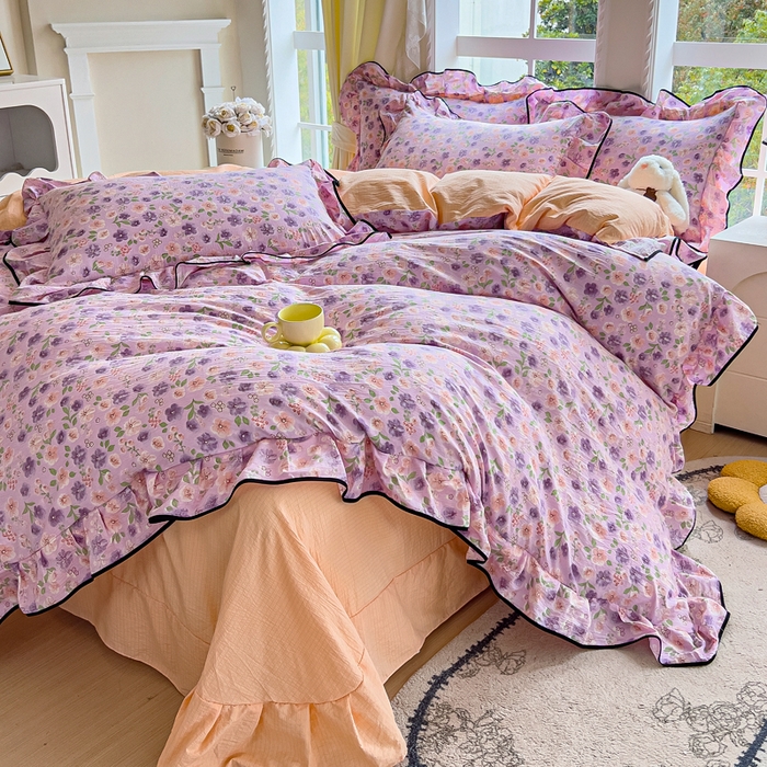 91家纺网 家纺一手货源 找家纺 找底底家纺 2026新款A类泡泡棉双层纱四件套花边夏被四件套 小若欢