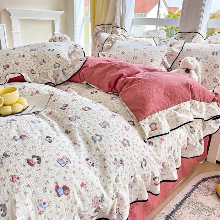 91家纺网 家纺一手货源 找家纺 找底底家纺 2026新款A类泡泡棉双层纱四件套花边夏被四件套 西高地