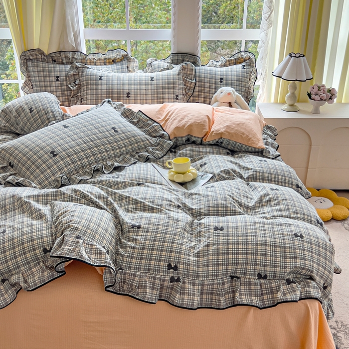 91家纺网 家纺一手货源 找家纺 找底底家纺 2026新款A类泡泡棉双层纱四件套花边夏被四件套 遇见-格桔