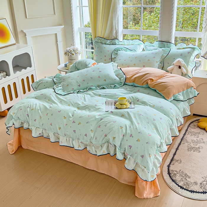 91家纺网 家纺一手货源 找家纺 找底底家纺 2026新款A类泡泡棉双层纱四件套花边夏被四件套 小樱桃