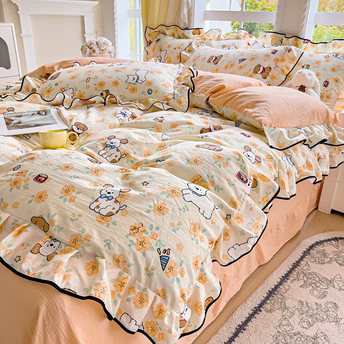 91家纺网 家纺一手货源 找家纺 找底底家纺 2026新款A类泡泡棉双层纱四件套花边夏被四件套 萌宠拾光