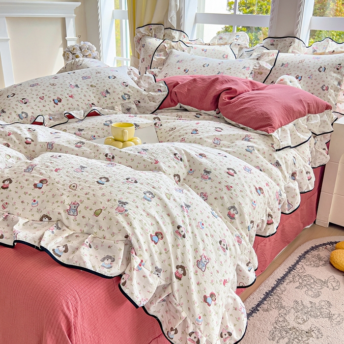 91家纺网 家纺一手货源 找家纺 找底底家纺 2026新款A类泡泡棉双层纱四件套花边夏被四件套 西高地