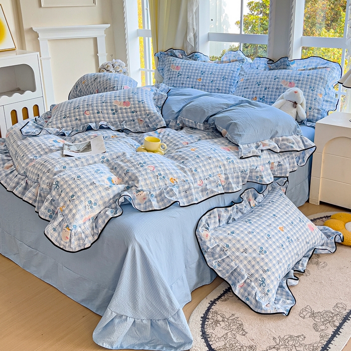 91家纺网 家纺一手货源 找家纺 找底底家纺 2026新款A类泡泡棉双层纱四件套花边夏被四件套 雾兰格兔