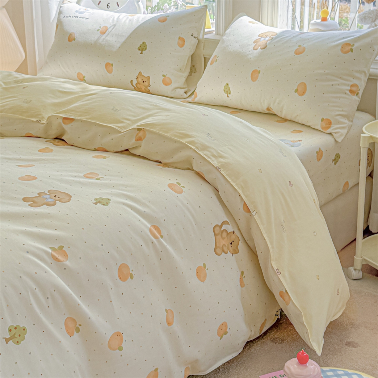 91家纺网 家纺一手货源 找家纺 优眠坊 2026新款全棉印花小清新单品系列-四件套    学生三件套（预留缩水） 橘子象宝-四件套