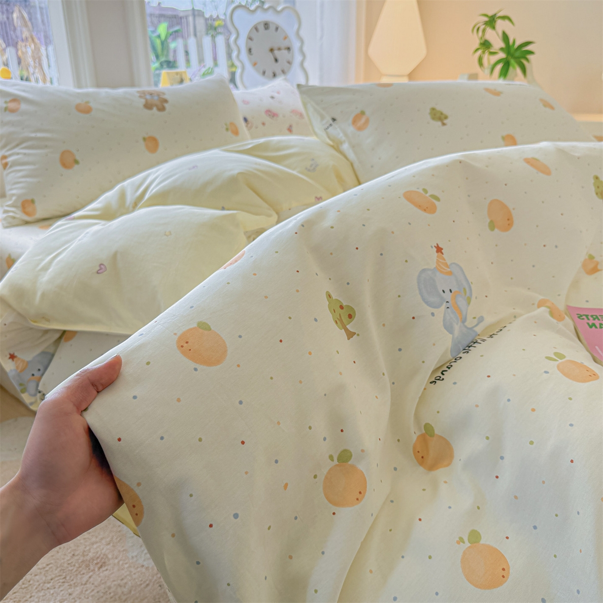 91家纺网 家纺一手货源 找家纺 优眠坊 2026新款全棉印花小清新单品系列-四件套    学生三件套（预留缩水） 橘子象宝-四件套