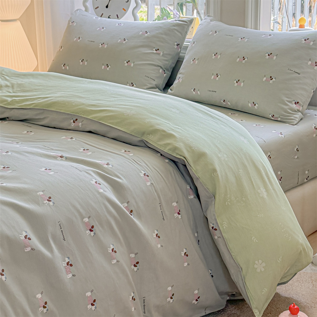 91家纺网 家纺一手货源 找家纺 优眠坊 2026新款全棉印花小清新单品系列-四件套    学生三件套（预留缩水） 克里斯-绿-四件套